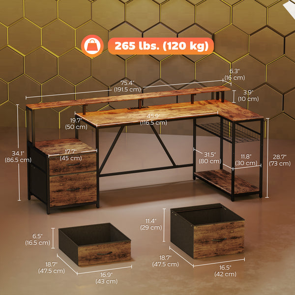 76" Gaming Desk, Computer Table with RGB Lights, USB Ports, Monitor Stand and 2 Fabric Drawers, Rustic Brown