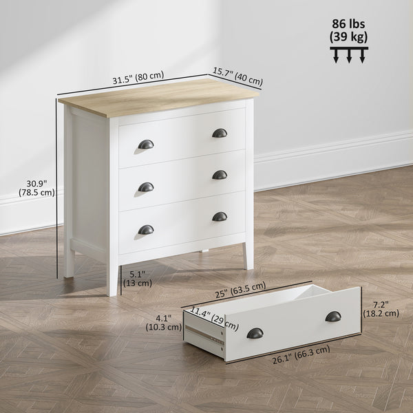 Commode avec glissières silencieuses à 3 tiroirs pour chambre, blanche