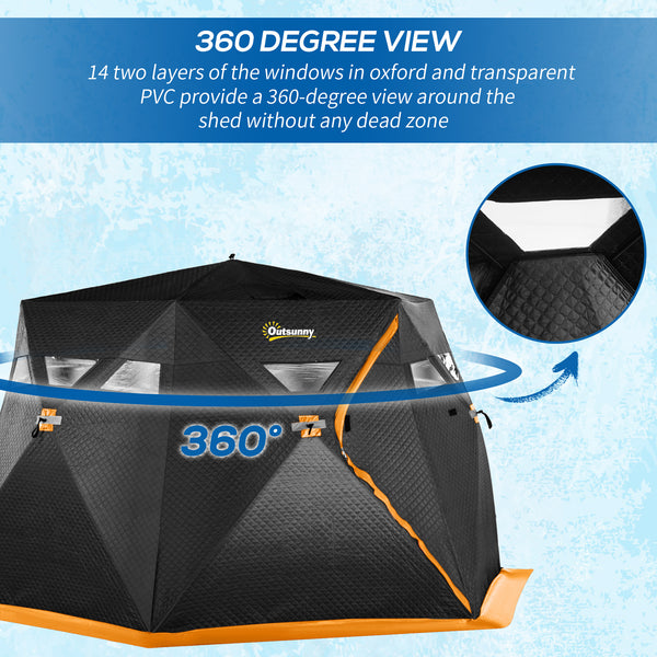 Insulated ice fishing shelter for 4 people, portable and foldable with carry bag and two doors, for temperatures down to -30°C, black