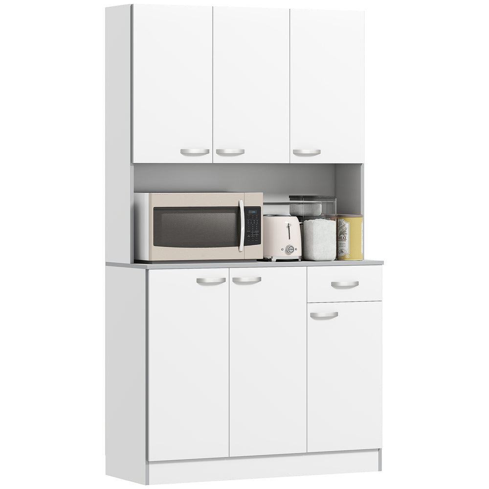 Buffet/Vaisselier de 71 po sur pied avec placards de rangement, tiroir, espace ouvert et support pour micro-ondes, blanc