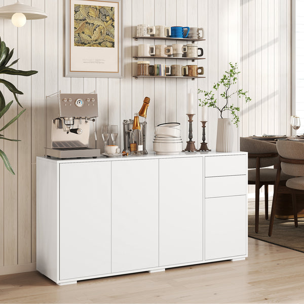 Modern kitchen buffet with push-to-open mechanism, 2 drawers, and shelves, white.