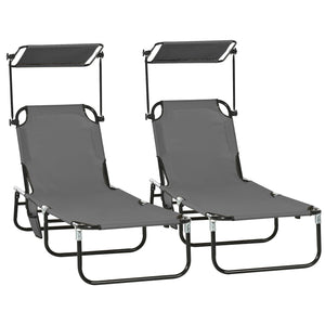 Lot de 2 chaises longues avec dossier inclinable avec parasol pour plage et terrasse, gris foncé