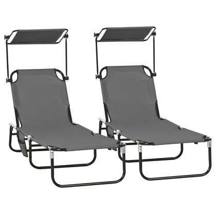 Lot de 2 chaises longues avec dossier inclinable avec parasol pour plage et terrasse, gris foncé