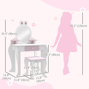Dressing table with stool, mirror, drawer and storage boxes, rabbit motif, white