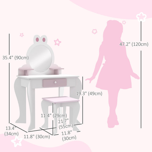 Dressing table with stool, mirror, drawer and storage boxes, rabbit motif, white