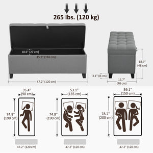 Banc ottoman de rangement, repose-pieds avec charnières de sécurité, en lin, gris foncé