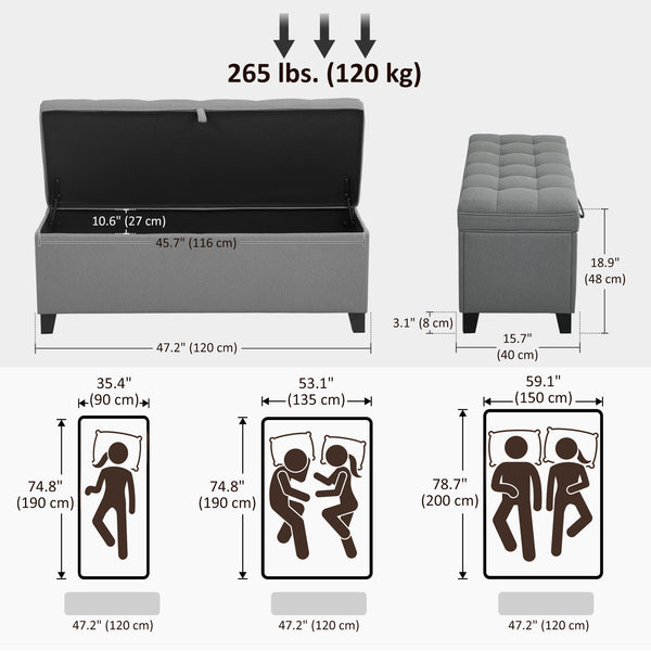 Banc ottoman de rangement, repose-pieds avec charnières de sécurité, en lin, gris foncé
