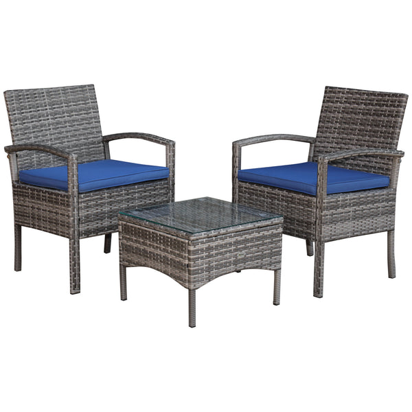 Ensemble de mobilier de jardin 3 pièces en résine tressée, bleu
