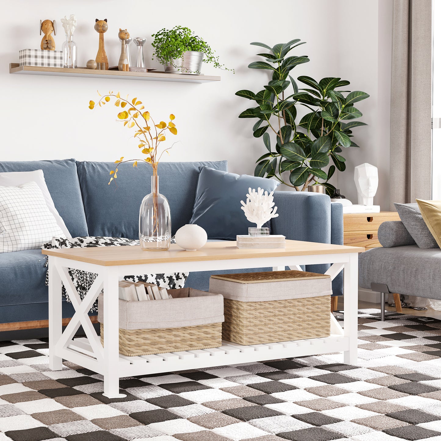 Table basse de style campagnard avec étagère inférieure à lattes, blanc, naturel