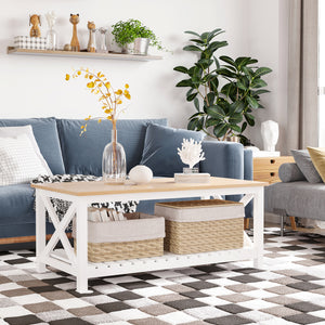 Table basse de style campagnard avec étagère inférieure à lattes, blanc naturel