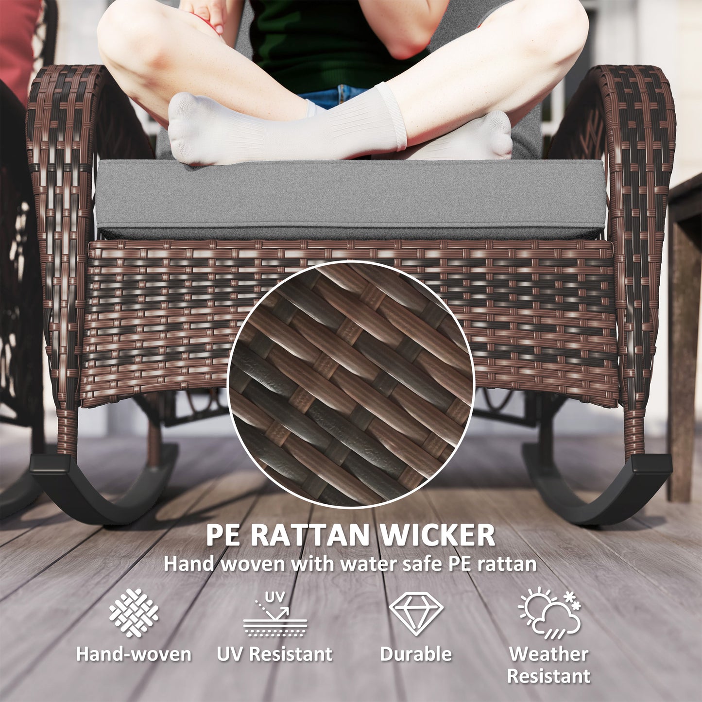 Outsunny Outdoor Wicker Rattan Rocking Chair Set of 2, Patio Rocker with Thick Cushions for Garden Backyard Porch, Gray |