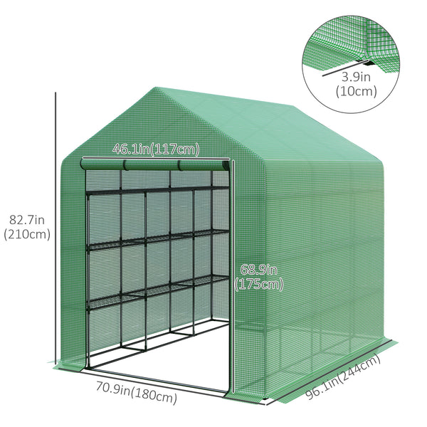 Portable greenhouse with 18 shelves and roll-up door