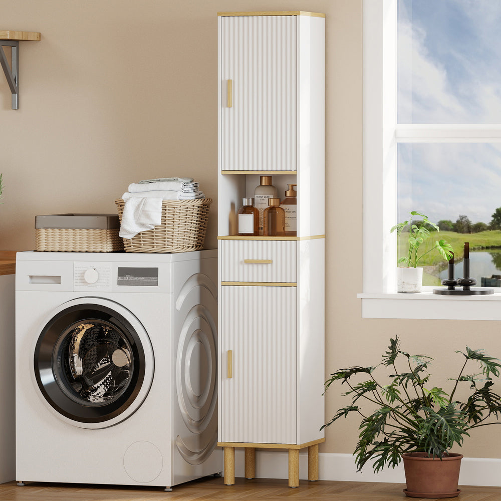 Armoire de rangement haute pour salle de bain avec tiroir, étagères réglables, compartiment ouvert, blanc