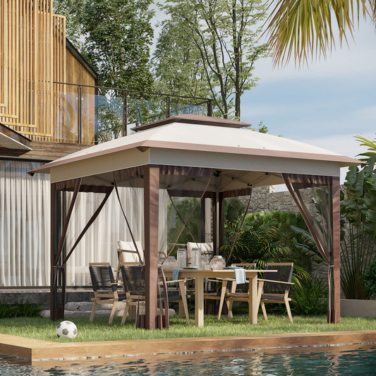 Gazebo 12' x 12' Pop Up pliante instantanée avec parois latérales en maille, hauteur réglable sur 3 niveaux et sac de rangement, beige