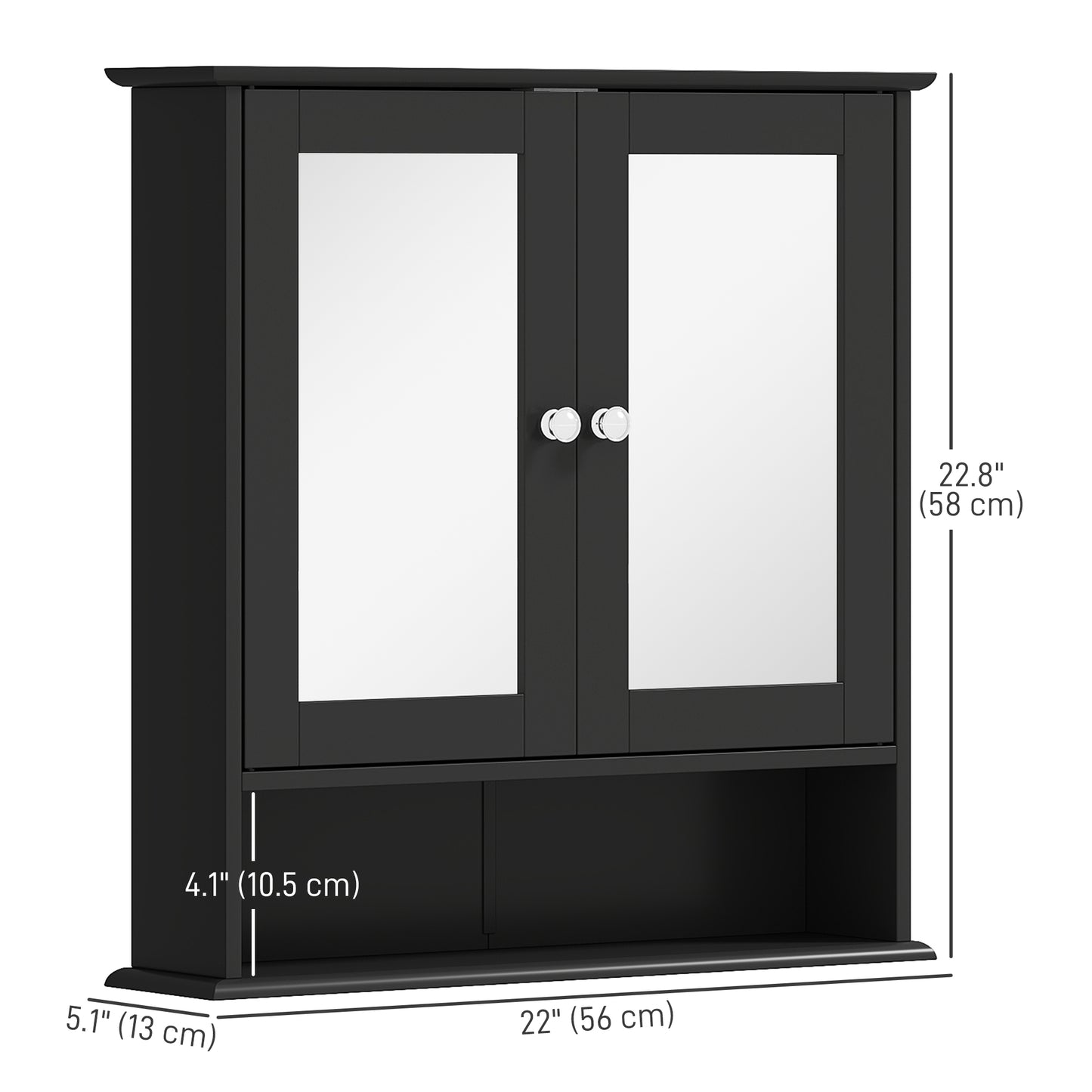 Armoire à pharmacie murale avec portes doubles, étagère ouverte et étagère réglable, noire