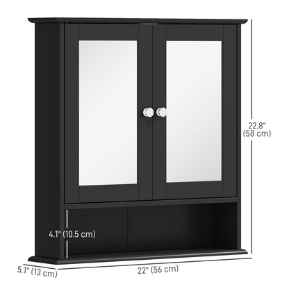 Armoire à pharmacie murale avec portes doubles, étagère ouverte et étagère réglable, noire