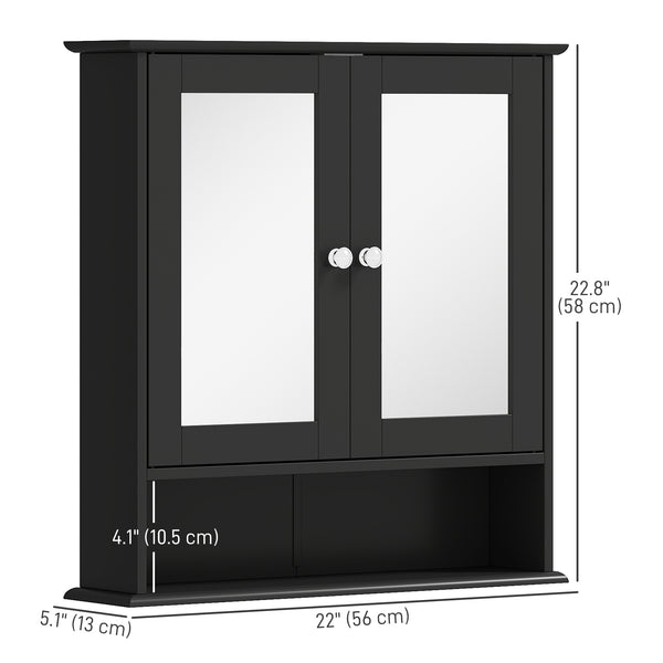 Armoire à pharmacie murale avec portes doubles, étagère ouverte et étagère réglable, noire