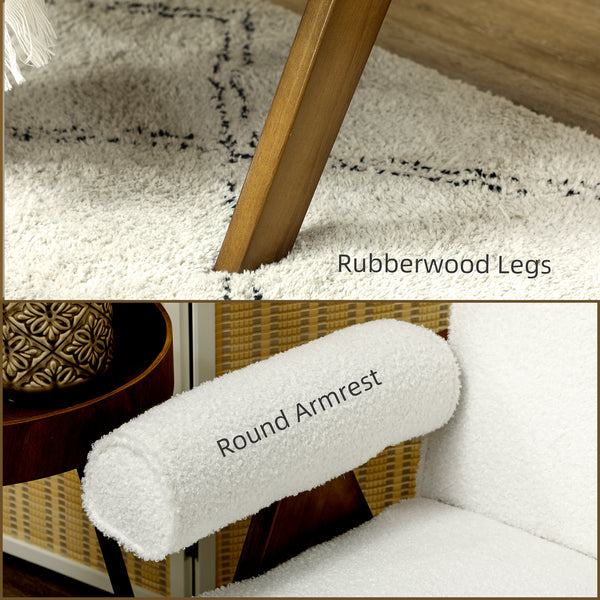 Canapé 2 places en tissu Boucle avec rembourrage épais et pieds en bois, blanc crème