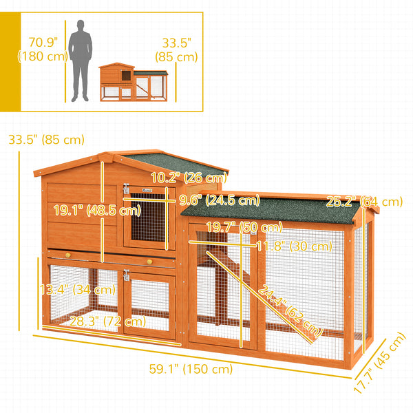 Two-tier rabbit hutch with run and water/UV-resistant roof