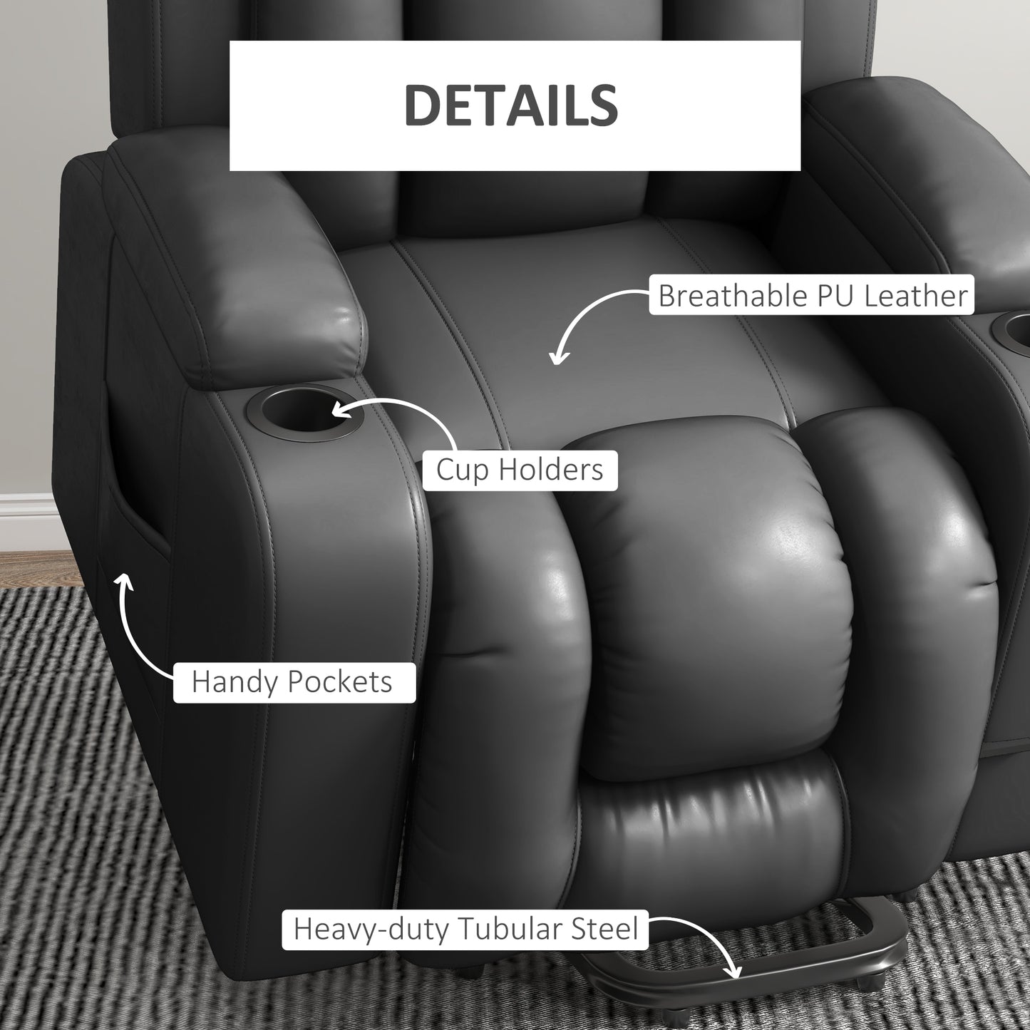 Fauteuil releveur électrique, inclinable avec repose-pieds, télécommande et porte-gobelets, gris