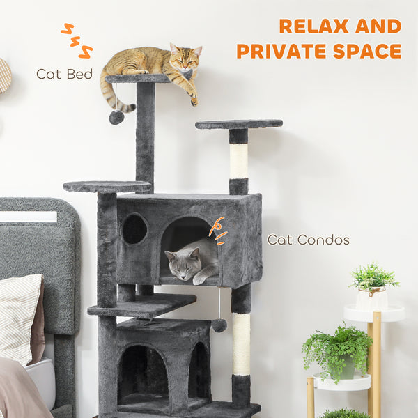 Arbre à chat à plusieurs niveaux avec griffoirs, niches, couchage, plateformes, rampe et balle, gris foncé