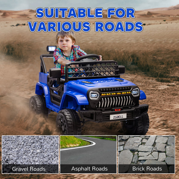 Jeep 12V, voiture électrique pour enfants avec télécommande, suspension, 3 vitesses, phares USB et musique, bleu foncé