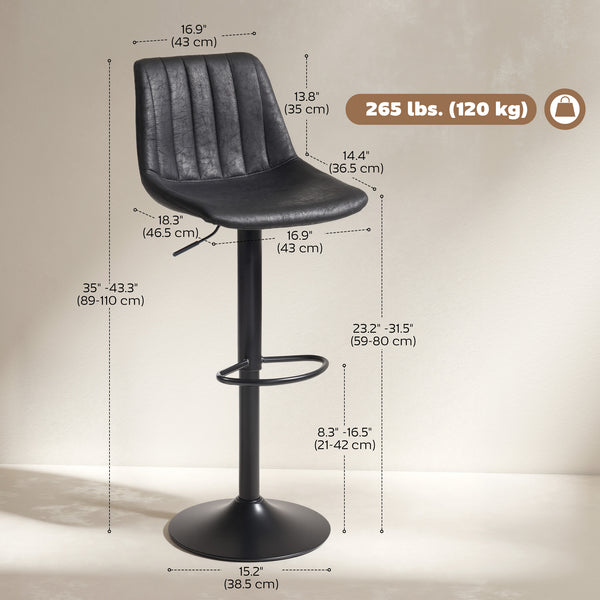 Set of 2 bar stools, adjustable height, swivel seat, faux leather upholstery, black.