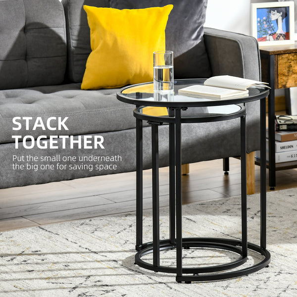Lot de 2 tables d'appoints ronde avec plateau en verre trempé, noir