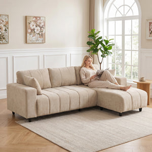 Canapé sectionnel en L beige avec méridienne réversible et ressorts ensachés, beige