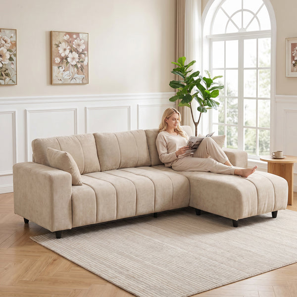 Canapé sectionnel en L beige avec méridienne réversible et ressorts ensachés, beige