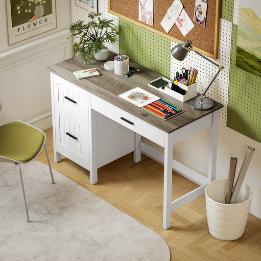 Bureau d'ordinateur avec 3 tiroirs de style campagnard avec tiroir classeur et plateau en bois pour petits espaces, blanc