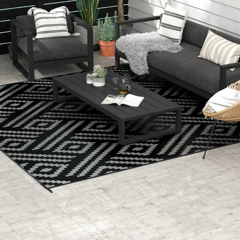 Tapis d'extérieur réversible imperméable en paille plastique, motif géométrique noir et gris