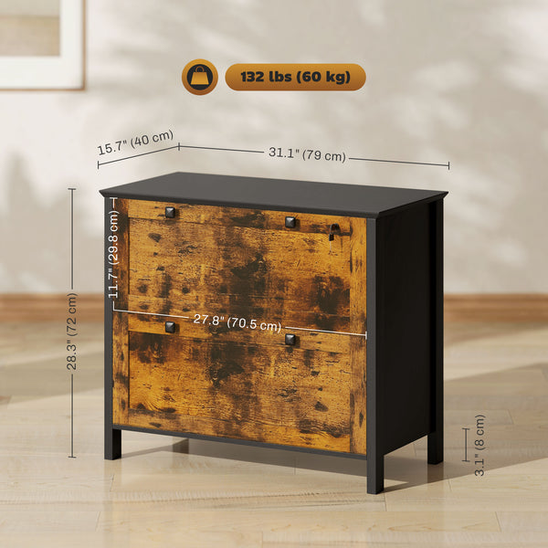 Classeur 2 tiroirs, verrouillable avec barre de suspension réglable pour documents A4, marron rustique