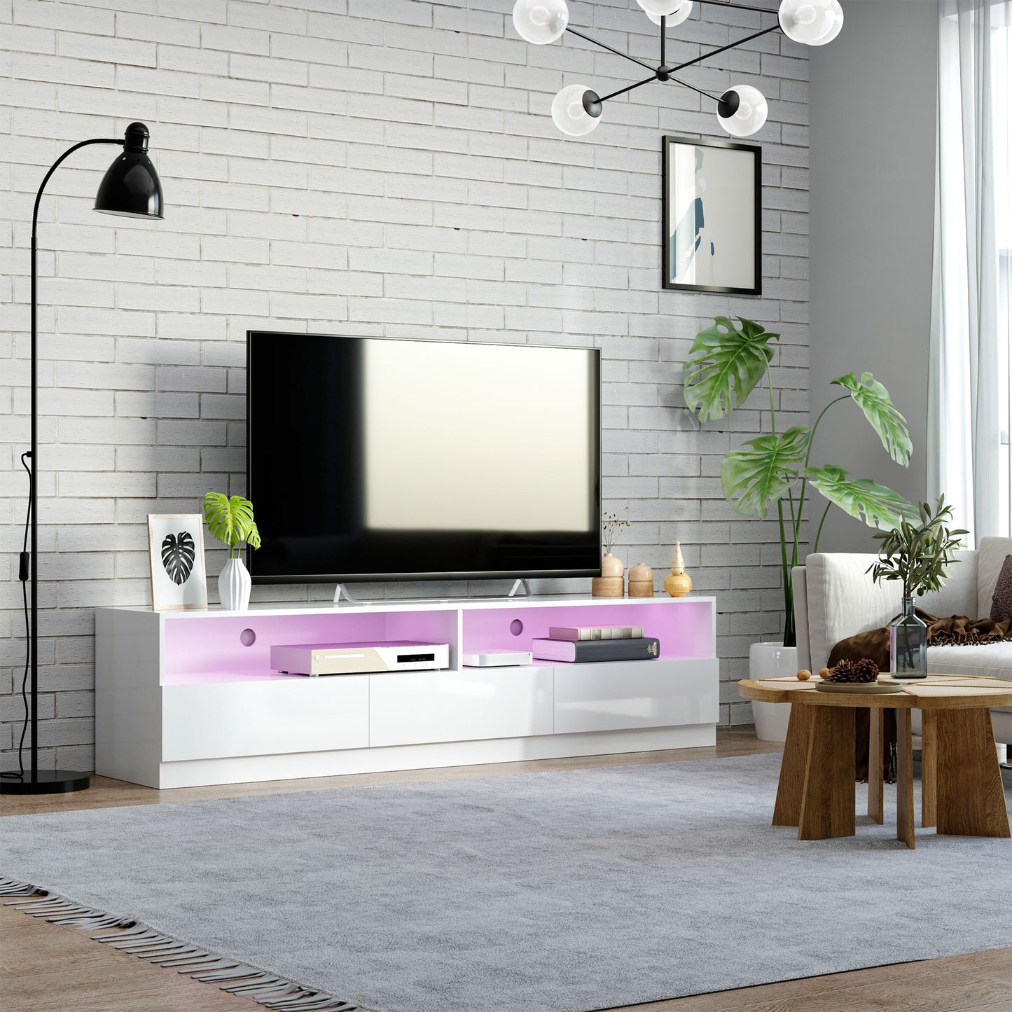 Meuble TV blanc brillant avec éclairage LED intégré, compatible avec téléviseurs jusqu’à 75 pouces