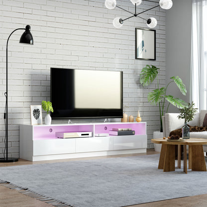 Meuble TV blanc brillant avec éclairage LED intégré, compatible avec téléviseurs jusqu’à 75 pouces