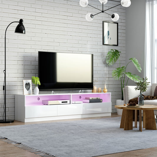 Meuble TV blanc brillant avec éclairage LED intégré, compatible avec téléviseurs jusqu’à 75 pouces