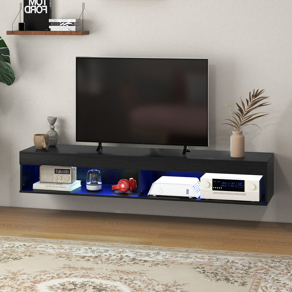 Meuble TV mural moderne noir avec rangement, éclairage LED et étagère flottante, pour téléviseurs jusqu'à 75 pouces