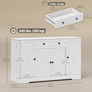 Buffet de style campagnard avec porte, étagères réglables, tiroir, blanc