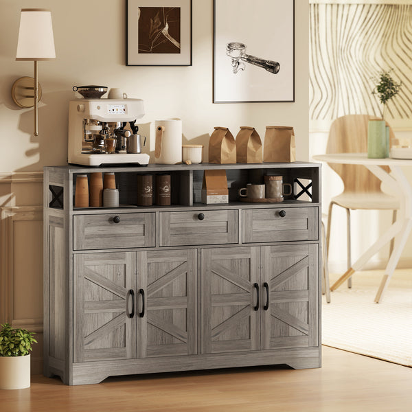 Buffet avec 4 portes coulissantes de style grange et 3 tiroirs, meuble bar à café avec étagères réglables, gris