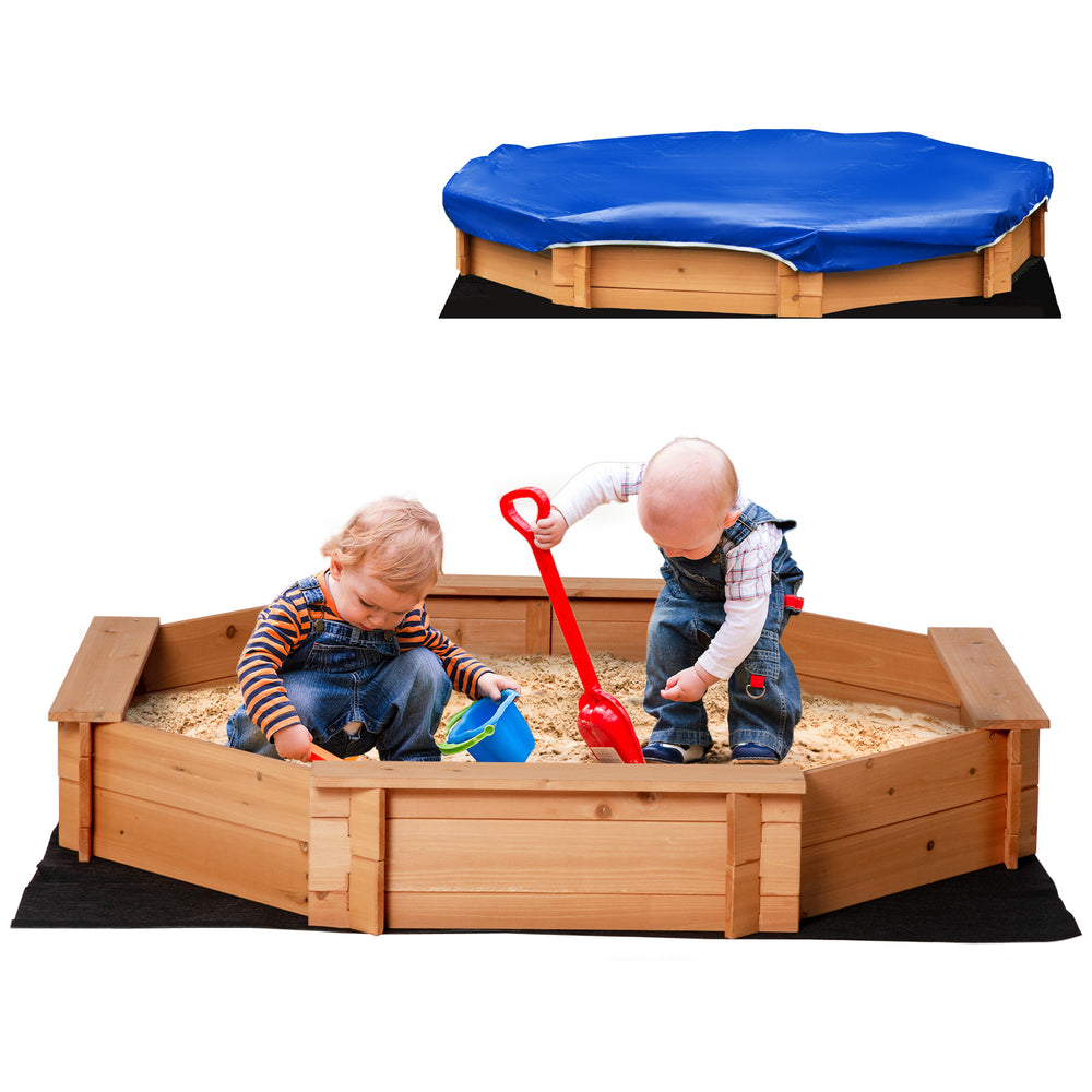 Kids Sandbox with Cover and Seat, Outdoor Children Sand Playset for Backyard, Boys and Girls, Red, 55" x 55" x 8.5"
