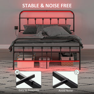 Cadre de lit double avec éclairage LED et station de charge, en métal avec rangement sous le lit, noir