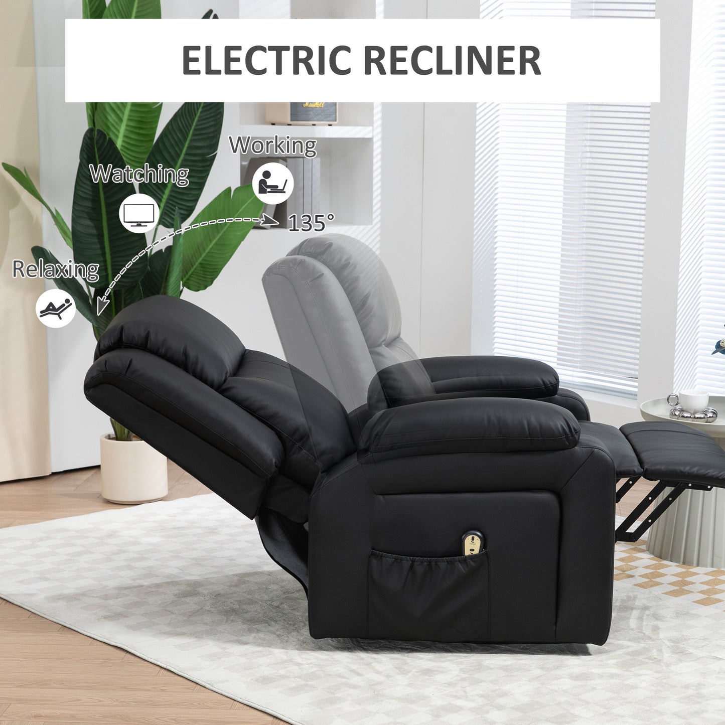Fauteuil releveur inclinable électrique en cuir synthétique avec télécommande, poches latérales, montage rapide, noir
