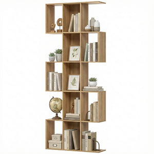 5-Tier S-Shaped Geometric Bookshelf with 15 Compartments, Oak Colour