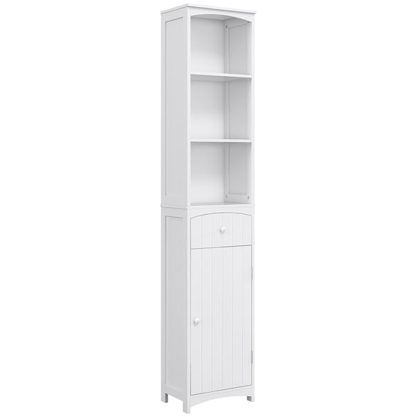 Tall white wooden bathroom storage cabinet