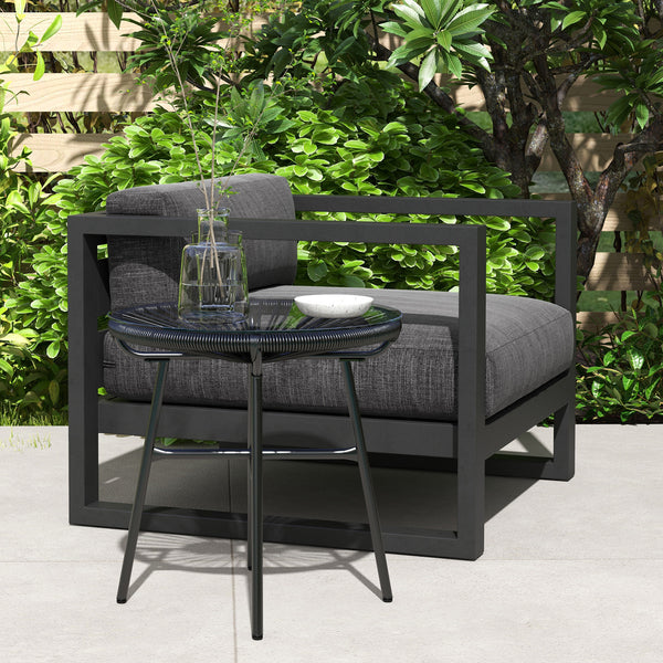 Rattan Side Table, Round Outdoor Table, with Round PE Rattan and Tempered Glass Table Top for Patio, Garden, Black