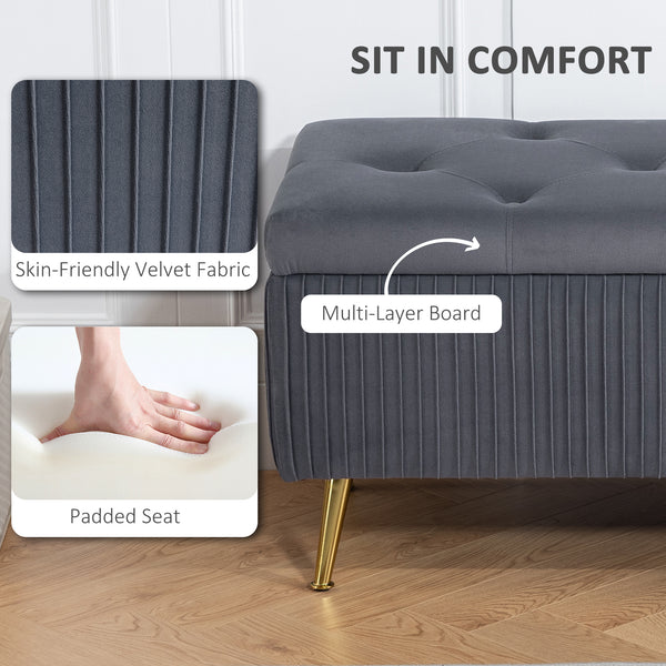 Banc coffre de rangement avec pieds en acier, assise rembourrée et repose-pieds, gris foncé
