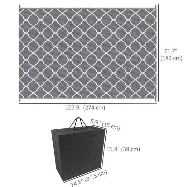Tapis d'extérieur imperméable, 1,8 m x 2,7 m, réversible, pour camping-car, jardin, terrasse, pique-nique, plage, camping, filet gris et blanc