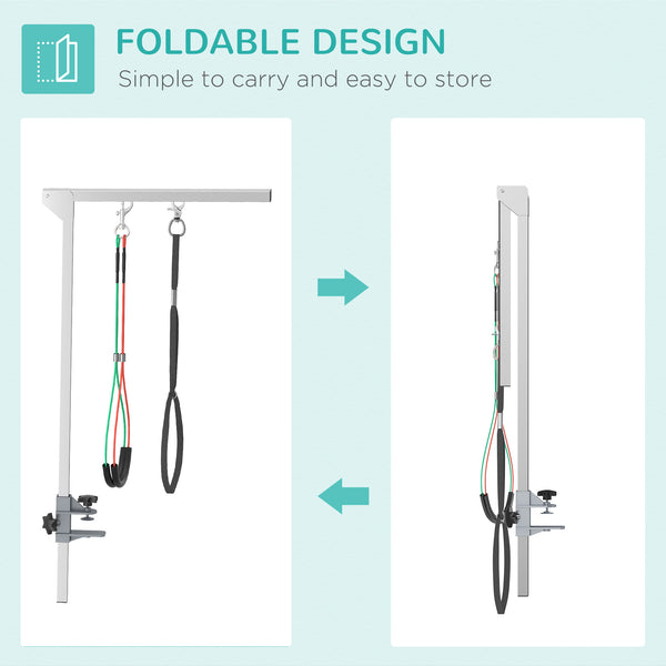 Adjustable grooming arm with clamp, hip supports, and grooming loop