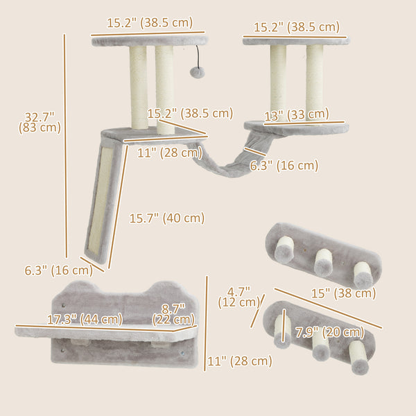 Étagères murales pour chat avec griffoir, perchoirs, marches et échelle, gris clair