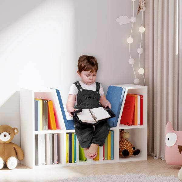 6 Compartment Bookcase with Seat Cushion for Reading Corner, Blue